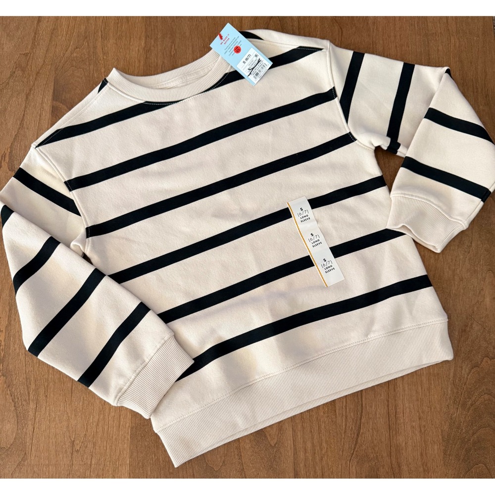 Cat & Jack Kids Striped Sweatshirt white  Black stripe Crewneck S 6/7 NWT